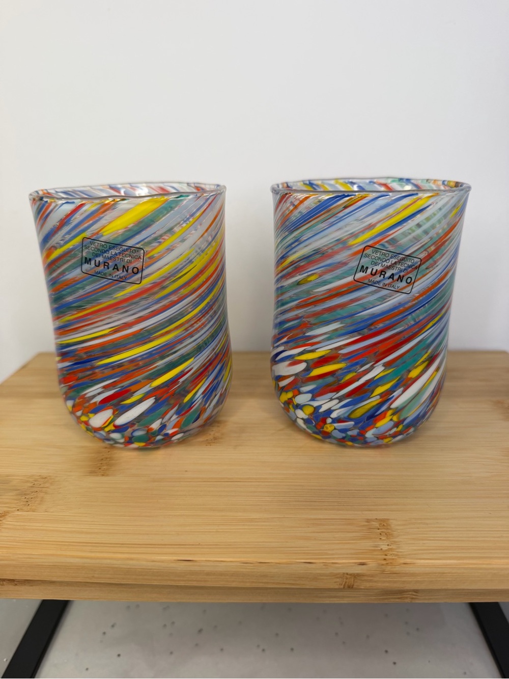 2 Murano Multicolor Swirl Glass Tumblers Set Hand Blown Italian Art Barware